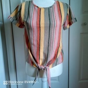 Kim & Cami - Cuffed short sleeve - Bottom tie -  striped multi color